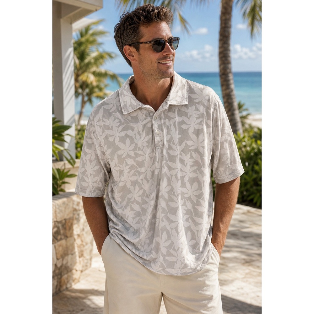 Simply Southern Polo Shirt Men‎ Sz XL Gray Cream Floral Leaf Print Beach Resort